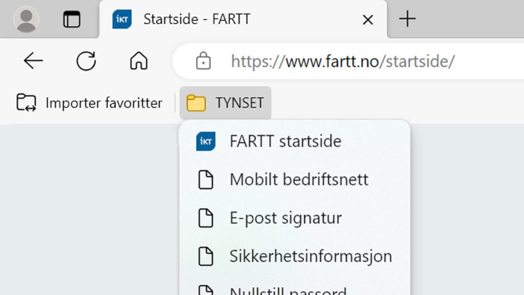 Skjermbilde fra favoritt mappe i Edge nettleser